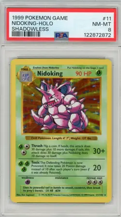 1999 POKEMON GAME SHADOWLESS #11 NIDOKING-HOLO PSA 8 - Image 1