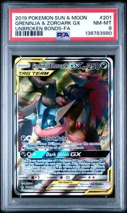 2019 Pokemon Sun Moon Unbroken Bonds Card 201/214 Greninja Zoroark Graded PSA 8 - Image 1