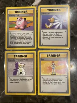 Base Set Pokemon Trainer Cards Lass, Clefairy Doll, Scoop Up And Imposter Oak - Image 1