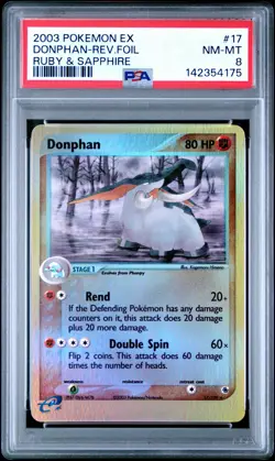 2003 POKEMON EX RUBY & SAPPHIRE #17 DONPHAN-REVERSE FOIL PSA 8 - Image 1