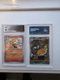 2 x graded pokemon cards arcanine and team rockets raticate - Image 1