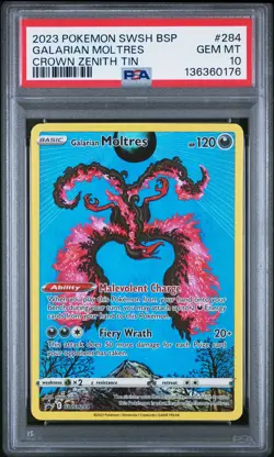 2023 POKEMON SWSH BLACK STAR PROMO CROWN ZENITH TIN #284 GALARIAN MOLTRES PSA 10 - Image 1