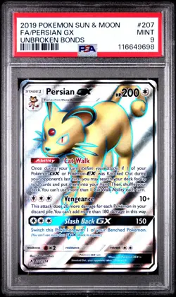 Pokemon Persian GX 207/214 S&M Unbroken Bonds Full Art PSA 9 MINT - Image 1