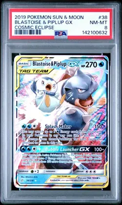2019 POKEMON SUN & MOON COSMIC ECLIPSE #38 BLASTOISE & PIPLUP GX PSA 8 - Image 1