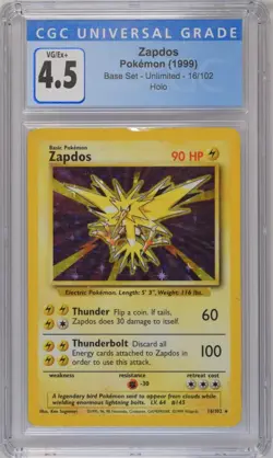 Pokemon Zapdos #16/102 English Base Set 1996 Holo Rare CGC 4.5 - Image 1