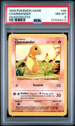 Pokemon Card Charmander 46/102 Shadowless Base Set 1999 PSA 8 NM-MT - Image 1