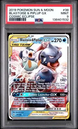 2019 POKEMON SUN & MOON COSMIC ECLIPSE #38 BLASTOISE & PIPLUP GX PSA 9 - Image 1