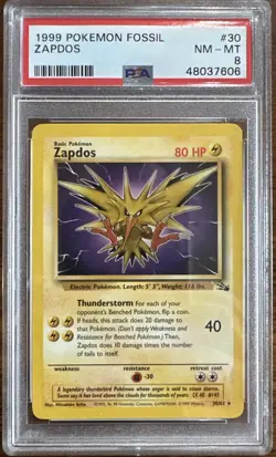 1999 Pokemon TCG Fossil #30/62 Zapdos Non Holo PSA 8 NM-MINT - Image 1