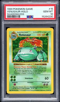 1999 POKEMON BASE SET SHADOWLESS #15 VENUSAUR-HOLO PSA 10 - Image 1