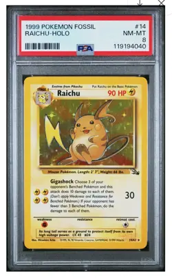 1999 POKEMON FOSSIL #14 RAICHU HOLO PSA 8, FREE SHIPPING - Image 1