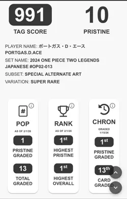 One Piece TCG Two Legends Portgas.D.Ace OP02-013 SP Graded TAG 10 PRISTINE!!! - Image 3