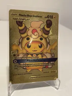 Pokemon TCG Basic Pikachu Mega Ampharos Tag Cosplay HP 610 Gold Foil Fan Art - Image 1
