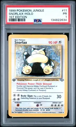 PSA 1 1ST EDITION 1999 Pokemon Jungle Snorlax 11/64 Holo Foil Rare WOTC - Image 1