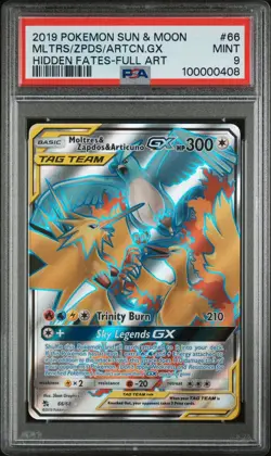 Pokemon TCG Moltres Zapdos Articuno GX 66 Full Art Hidden Fates PSA 9 Mint Card - Image 1