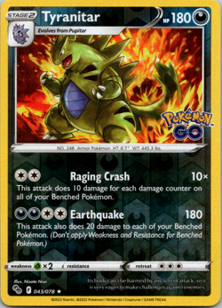 Tyranitar 043/078 2022 Pokemon GO Pokemon Card TCG Reverse Holo Rare - Nm/Vlp - Image 1