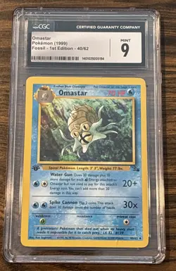 Pokemon TCG Omastar Fossil 40/62 Regular 1st Edition CGC 9 -P011 - Image 1