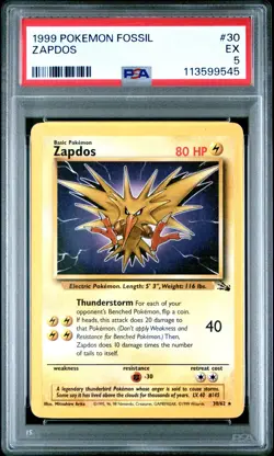 1999 POKEMON FOSSIL #30 ZAPDOS PSA EX 5 - Image 1