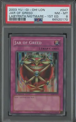 YuGiOh Jar of Greed 1st Edition LON-047 Graded PSA 8 N MINT Super Rare 2003 Holo - Image 1