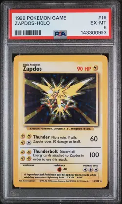 1999 POKEMON BASE SET UNLIMITED #16 ZAPDOS-HOLO PSA 6 - Image 1