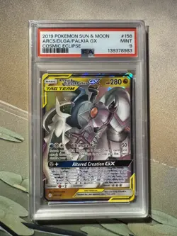 2019 Pokemon SM Cosmic Eclipse Arceus Dialga Palkia Tag Team Holo #156/236 PSA 9 - Image 1