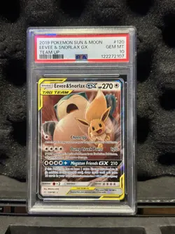 2019 POKEMON SUN & MOON TEAM UP #120 EEVEE & SNORLAX GX PSA 10 - Image 1