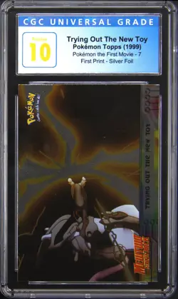 1999 POKEMON TOPPS THE FIRST MOVIE SILVER FOIL TRYING OUT THE NEW TOY CGC 10 - Image 1