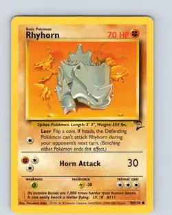 Pokemon TCG Rhyhorn 90/130 Base Set 2 Unlimited Common Card WOTC LP-NM - Image 1