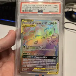 2019 Pokemon Sun and Moon Celebi & Venusaur GX Team Up Secret Rainbow Rare PSA 9 - Image 1