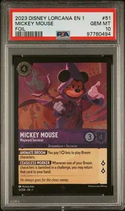 2023 Disney Lorcana Mickey Mouse Wayward Sorcerer Foil 51/204 PSA 10 Gem Mint - Image 1