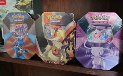 Set of Three Pokemon V Force Tins Factory Sealed Lucario Flareon Mew Tcg 2021 - Image 1
