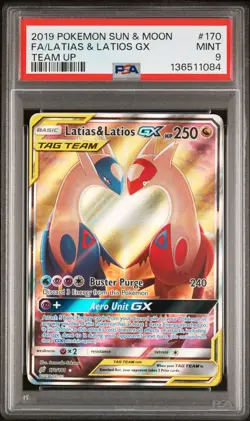 2019 POKEMON SUN & MOON TEAM UP #170 FULL ART/LATIAS & LATIOS GX PSA 9 - Image 1