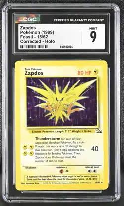 CGC 9 MINT Zapdos 1999 Fossil 15/62 Corrected Holo Pokemon Card - Image 1