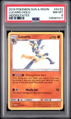 Pokemon Lucario SV22/SV94 Hidden Fates: Shiny Vault Holo PSA 8 - Image 1
