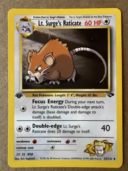Lt. Surge's Raticate 53/132 Gym Challenge 1st Edition Non-Holo Pokemon Card NM+ - Image 1