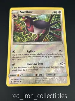 Swellow 104/145 Reverse Holo Rare Sun & Moon Guardians Rising Pokemon Card 2017 - Image 1