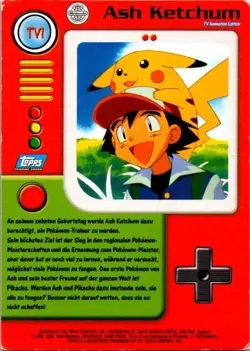1999 Topps Pokemon TV Animation Edition Series 1 #TV1 Ash Ketchum - Image 2