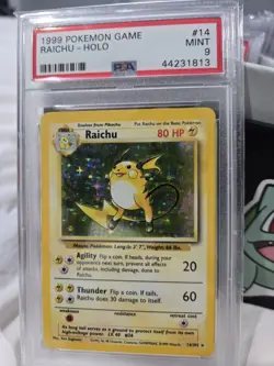 1999 Pokemon BASE SET Raichu HOLO Graded PSA Mint 9; 14/102 - Image 1