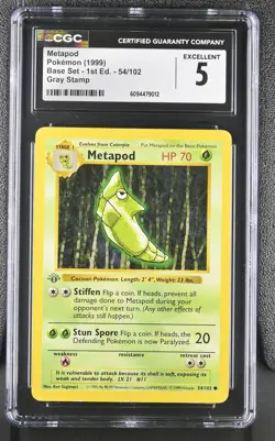 1999 Pokemon Base Set Shadowless 1st Edition #54/102 Metapod CGC 5 Gray Stamp - Image 1