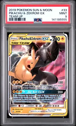 2019 POKEMON SUN & MOON TEAM UP #33 PIKACHU & ZEKROM GX PSA 9 - Image 1
