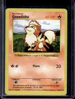 1999 Pokemon Shadowless Growlithe #28/102 - Image 1