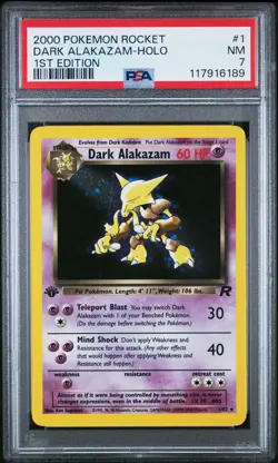 117916189 Dark Alakazam 2000 Pokemon Team Rocket First Edition #1/82 Holo PSA 7 - Image 1