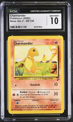 CGC 10 GEM MINT Charmander 2000 Base Set 2 69/130 Pokemon Card - Image 1
