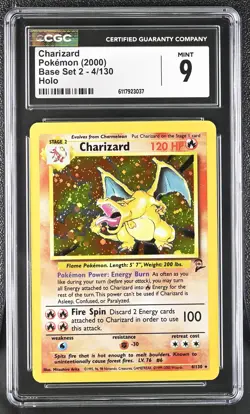 CGC 9 MINT Charizard 2000 Base Set 2 4/130 Holo Pokemon Card - Image 1