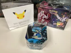 Pokemon Lot Of 3 Box ETB Celebrations ( Vaporeon tin ) Treasure Chest New Sealed - Image 1