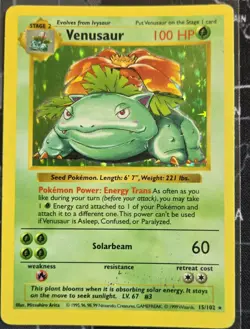 1999 Pokemon VENUSAUR Base Set SHADOWLESS Edition HOLO Rare Card 15/102 WotC MP - Image 1