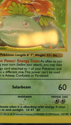 1999 Pokemon VENUSAUR Base Set SHADOWLESS Edition HOLO Rare Card 15/102 WotC MP - Image 2