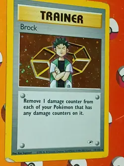 Pokemon TCG Brock Trainer Holo Rare Card 15/132 WOTC Gym Heroes With Swirl - Image 1