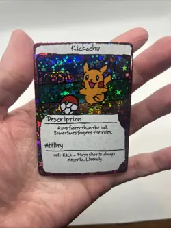 PokeDoodly Kickachu Pikachu Fan Art Card Full Holo Rare Pokemon #/100 Serialized - Image 3