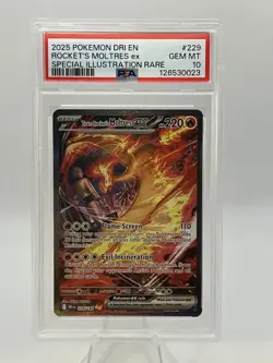 PSA 10 2025 POKEMON DRI EN #229 TEAM ROCKET’S MOLTRES EX SIR GEM MT - Image 1