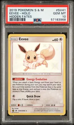2019 POKEMON SUN & MOON HIDDEN FATES #SV41 EEVEE-HOLO PSA 10 - Image 1